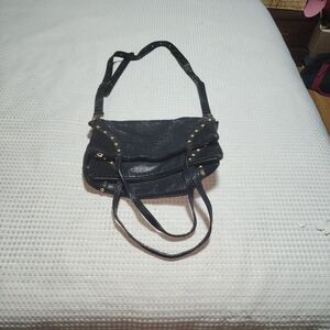 SARA BORMAN LONDON EUC BLACK STUDDED 3 SECT FOLDOVER SHOULDER BAG CROSSBODY